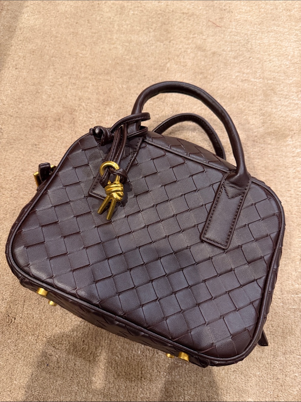 Woven Leather Top-Handle Bag in Dark Brown